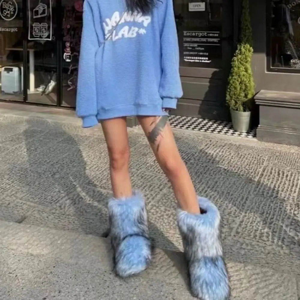 Bottes de neige d'hiver pour femmes en plein air de luxe fourrure fausse fourrure de renard bottes femme en peluche chaud plate-forme chaussures nouvelle mode Bottes grande taille 46