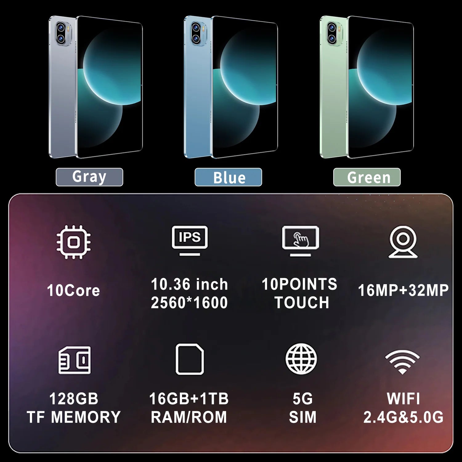 2025 5G tablette Android 13.0 tout neuf 10.36 pouces 16GB RAM 1TB ROM tablette 16MP 32MP 12000mAh 10 cœurs WIFI Bluetooth réseau tablette