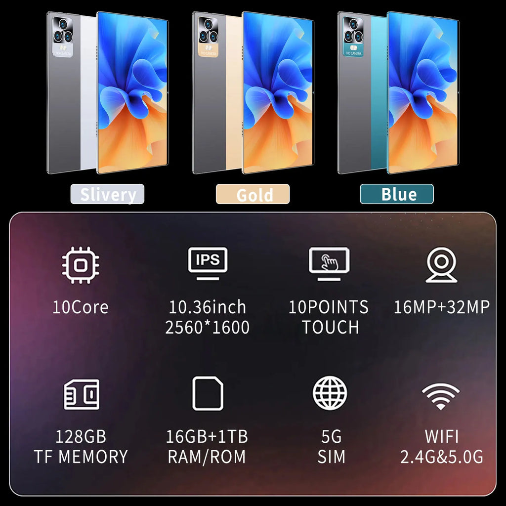 2025 5G tablette Android 13.0 tout neuf 10.36 pouces 16GB RAM 1TB ROM tablette 16MP 32MP 12000mAh 10 cœurs WIFI Bluetooth réseau tablette