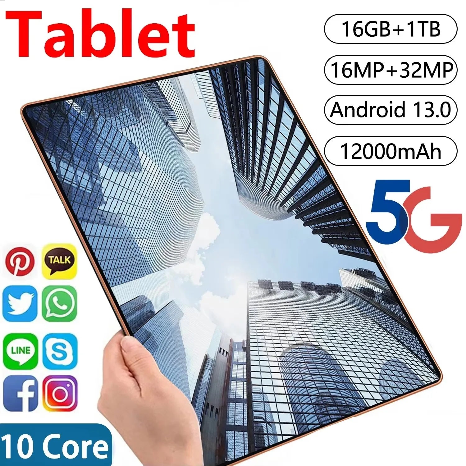 2025 5G tablette Android 13.0 tout neuf 10.36 pouces 16GB RAM 1TB ROM tablette 16MP 32MP 12000mAh 10 cœurs WIFI Bluetooth réseau tablette