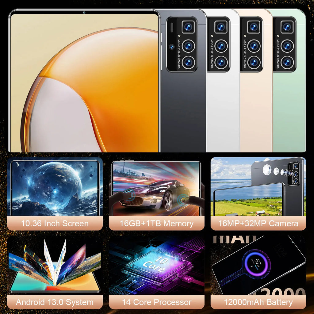 2025 5G tablette Android 13.0 tout neuf 10.36 pouces 16GB RAM 1TB ROM tablette 16MP 32MP 12000mAh 10 cœurs WIFI Bluetooth réseau tablette
