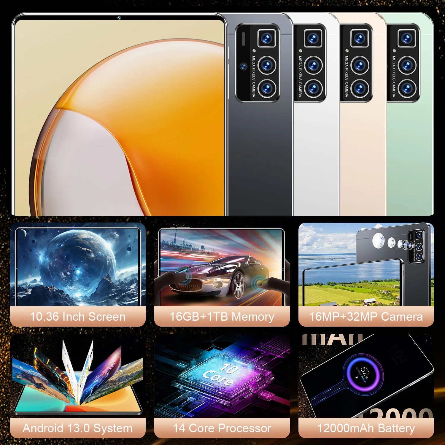 2025 5G tablette Android 13.0 tout neuf 10.36 pouces 16GB RAM 1TB ROM tablette 16MP 32MP 12000mAh 10 cœurs WIFI Bluetooth réseau tablette