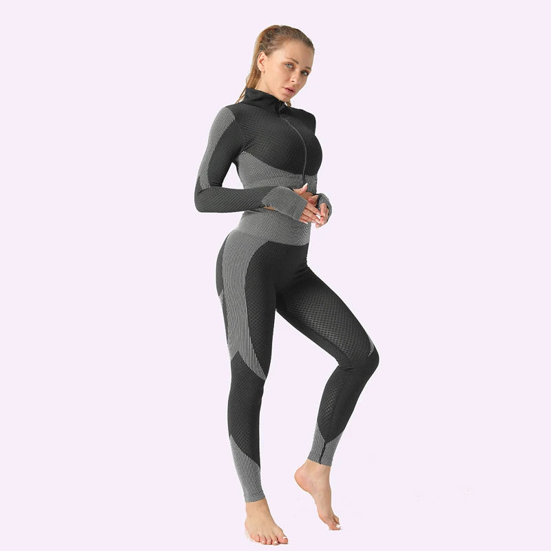 Leggings de yoga imbibés sans couture pour femmes, pantalons de yoga, vêtements avec fermeture éclair, haut court à manches longues, vêtements de fitness, ensemble de gymnastique sportive, 2 pièces, 3 pièces