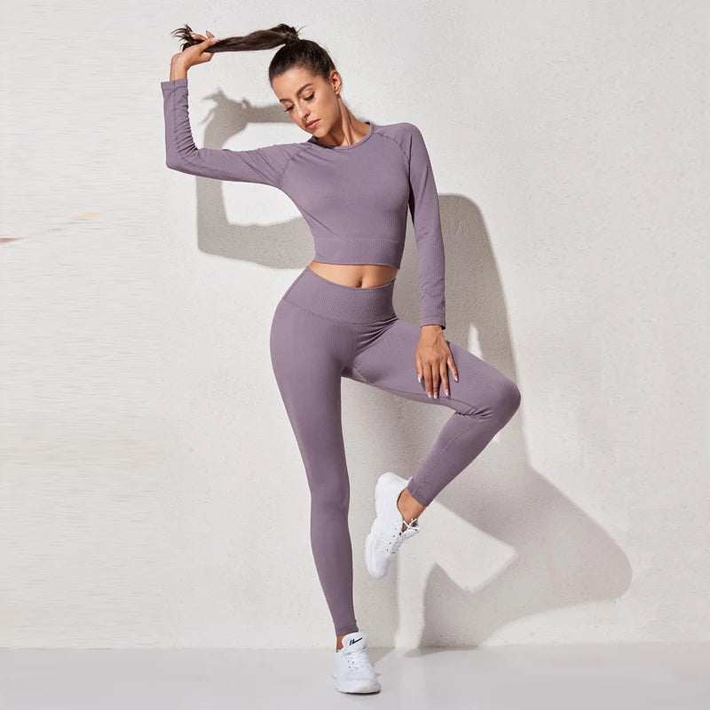 WAREBALL Ensemble de Vêtements de Yoga, Legging, Brassière et Haut à Manches longues, Sans Couture, Top Court, pour le Sport, le Fitness et Gym, pour Femme