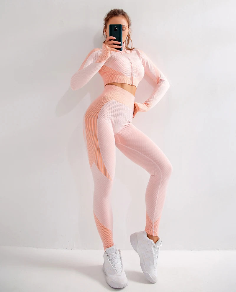 Leggings de yoga imbibés sans couture pour femmes, pantalons de yoga, vêtements avec fermeture éclair, haut court à manches longues, vêtements de fitness, ensemble de gymnastique sportive, 2 pièces, 3 pièces