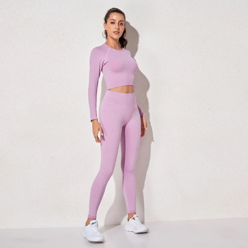 WAREBALL Ensemble de Vêtements de Yoga, Legging, Brassière et Haut à Manches longues, Sans Couture, Top Court, pour le Sport, le Fitness et Gym, pour Femme