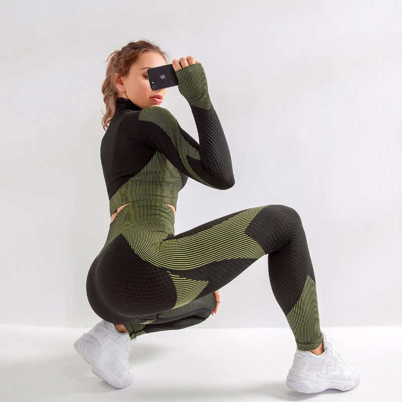 Leggings de yoga imbibés sans couture pour femmes, pantalons de yoga, vêtements avec fermeture éclair, haut court à manches longues, vêtements de fitness, ensemble de gymnastique sportive, 2 pièces, 3 pièces