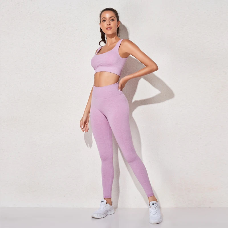 WAREBALL Ensemble de Vêtements de Yoga, Legging, Brassière et Haut à Manches longues, Sans Couture, Top Court, pour le Sport, le Fitness et Gym, pour Femme