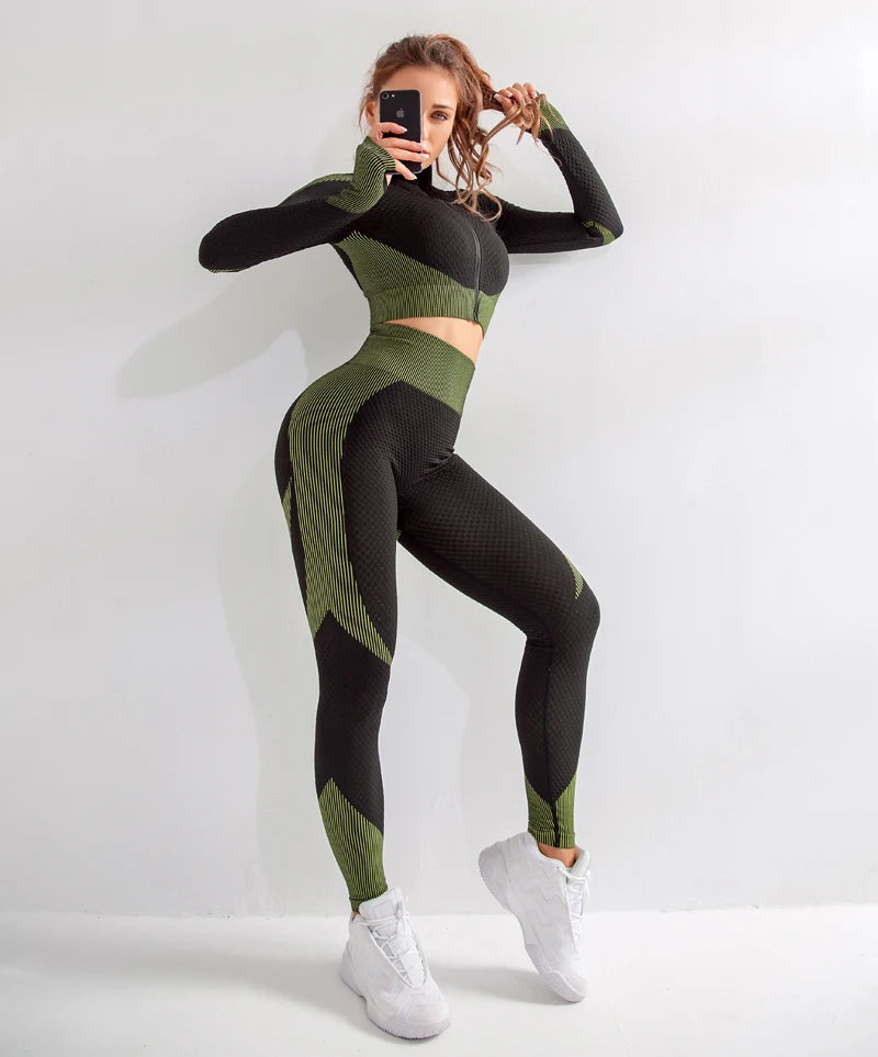 Leggings de yoga imbibés sans couture pour femmes, pantalons de yoga, vêtements avec fermeture éclair, haut court à manches longues, vêtements de fitness, ensemble de gymnastique sportive, 2 pièces, 3 pièces