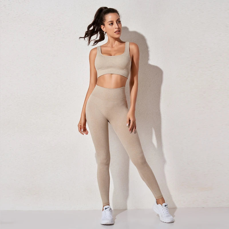 WAREBALL Ensemble de Vêtements de Yoga, Legging, Brassière et Haut à Manches longues, Sans Couture, Top Court, pour le Sport, le Fitness et Gym, pour Femme