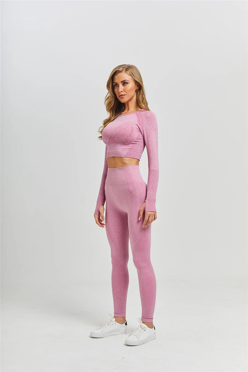 WAREBALL Vêtements de yoga, tenue et costume de sport et entrainement en gym et fitness, ensemble de 2, 3 ou 5 pièces pour femmes, haut court avec manches longues et leggings de haute taille
