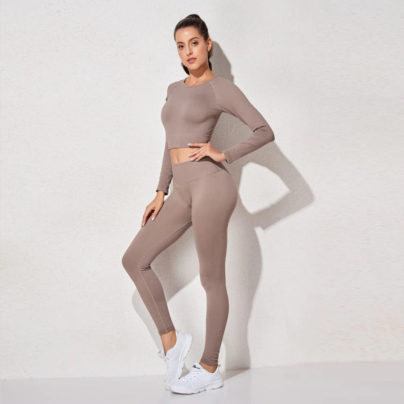 WAREBALL Ensemble de Vêtements de Yoga, Legging, Brassière et Haut à Manches longues, Sans Couture, Top Court, pour le Sport, le Fitness et Gym, pour Femme