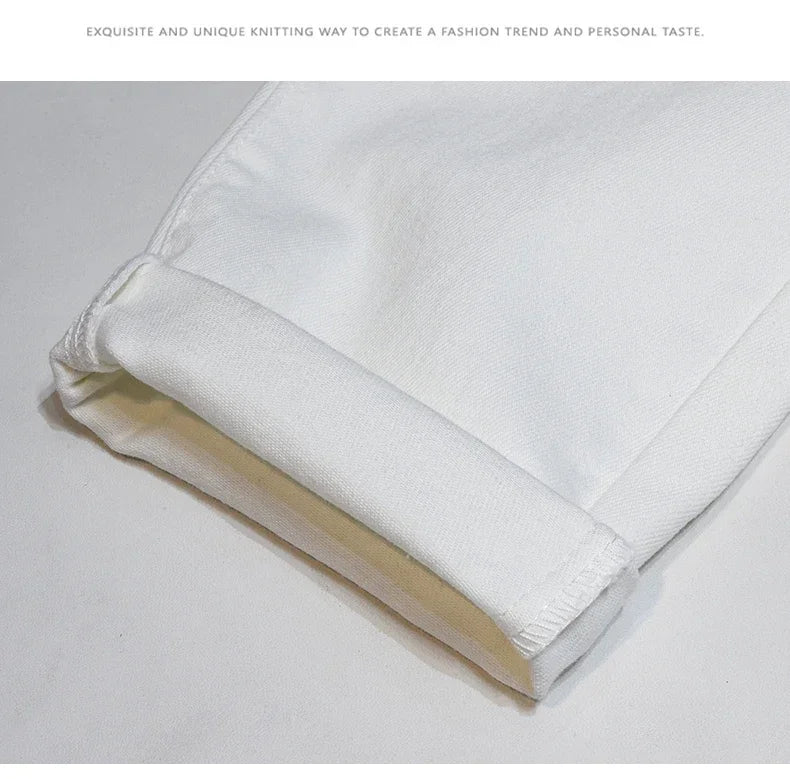 Jeans troués déchirés pour hommes, pantalons masculins blancs, streetwear confortable, denim, mode harem, tout match, commande, fjwear, nouveau