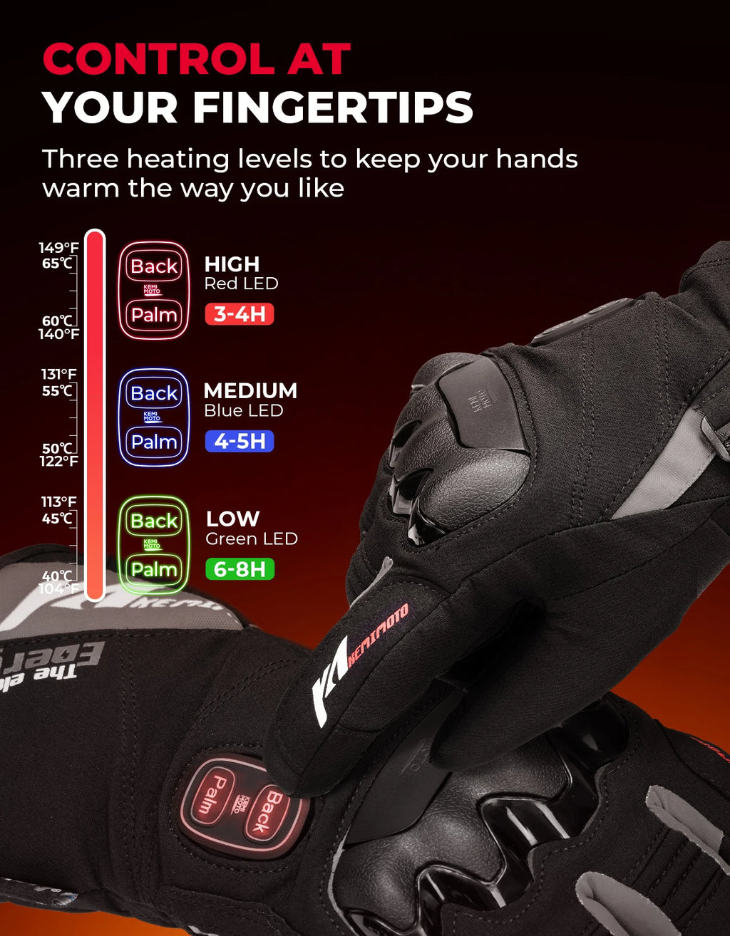 KEMIMOTO ski gants chauffants hiver gants chauffants pour motoneige chaud imperméable Rechargeable chauffage thermique Moto gants