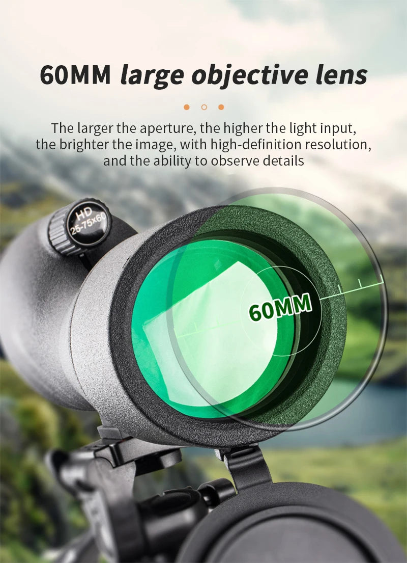 25-75x60 HD longue-vue puissant monoculaire Zoom télescope prisme étanche pour l'observation des oiseaux cible tir Camping