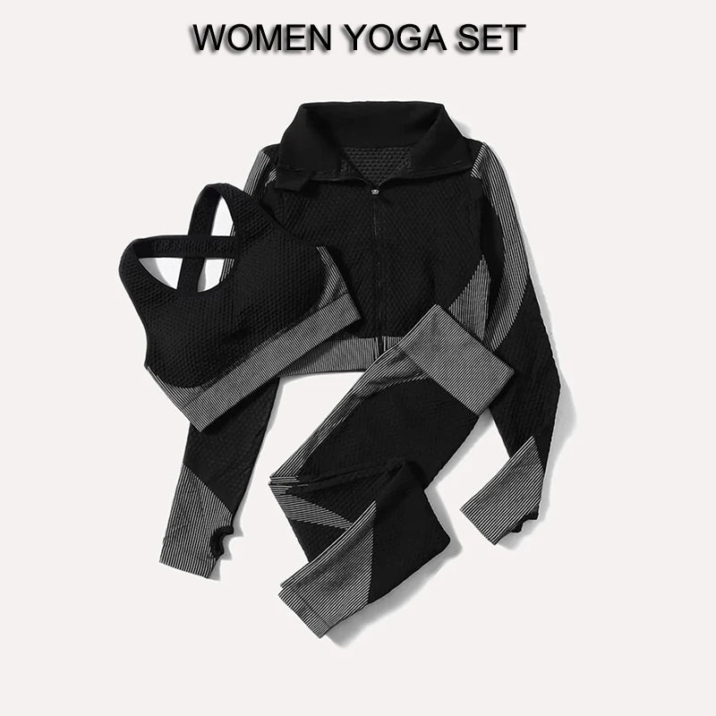 Leggings de yoga imbibés sans couture pour femmes, pantalons de yoga, vêtements avec fermeture éclair, haut court à manches longues, vêtements de fitness, ensemble de gymnastique sportive, 2 pièces, 3 pièces