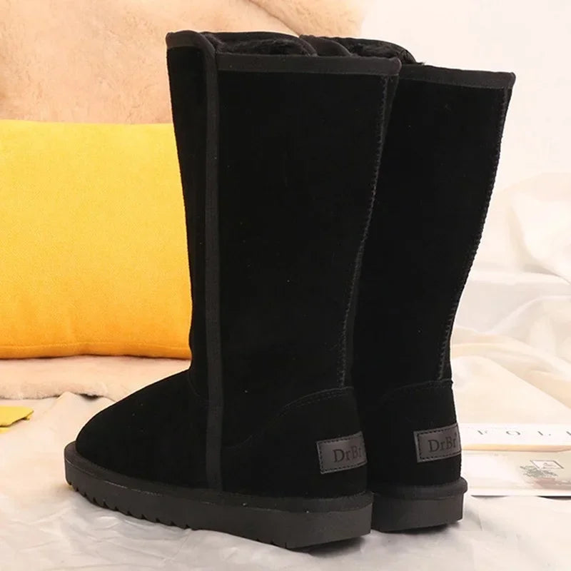Bottes de neige en cuir véritable pour femmes et filles, imperméables, chaudes, fourrure australienne, plus velours, hauteur genou, hiver, dames classiques, 2024
