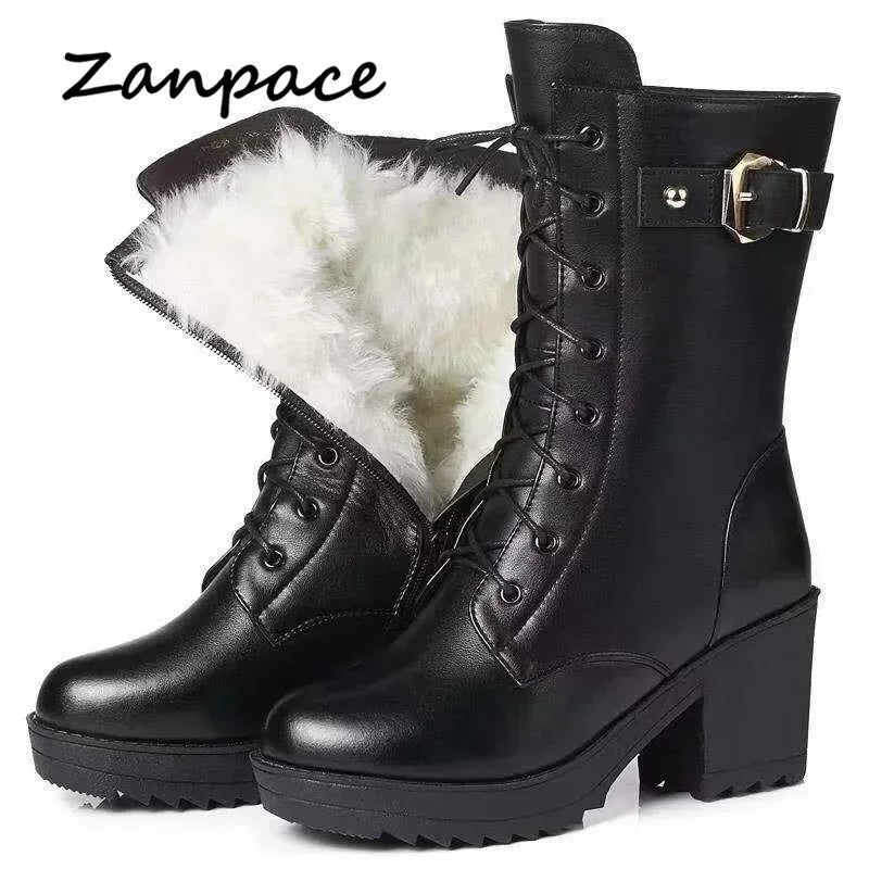 2025 hiver cuir femmes bottes d'hiver laine épaisse chaud femmes à talons hauts véritable botte de haute qualité femme bottes de neige femmes chaussures