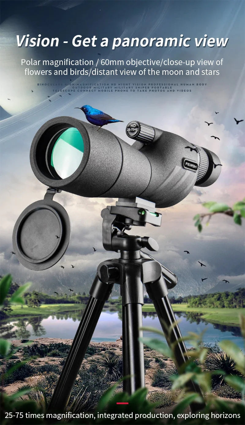25-75x60 HD longue-vue puissant monoculaire Zoom télescope prisme étanche pour l'observation des oiseaux cible tir Camping