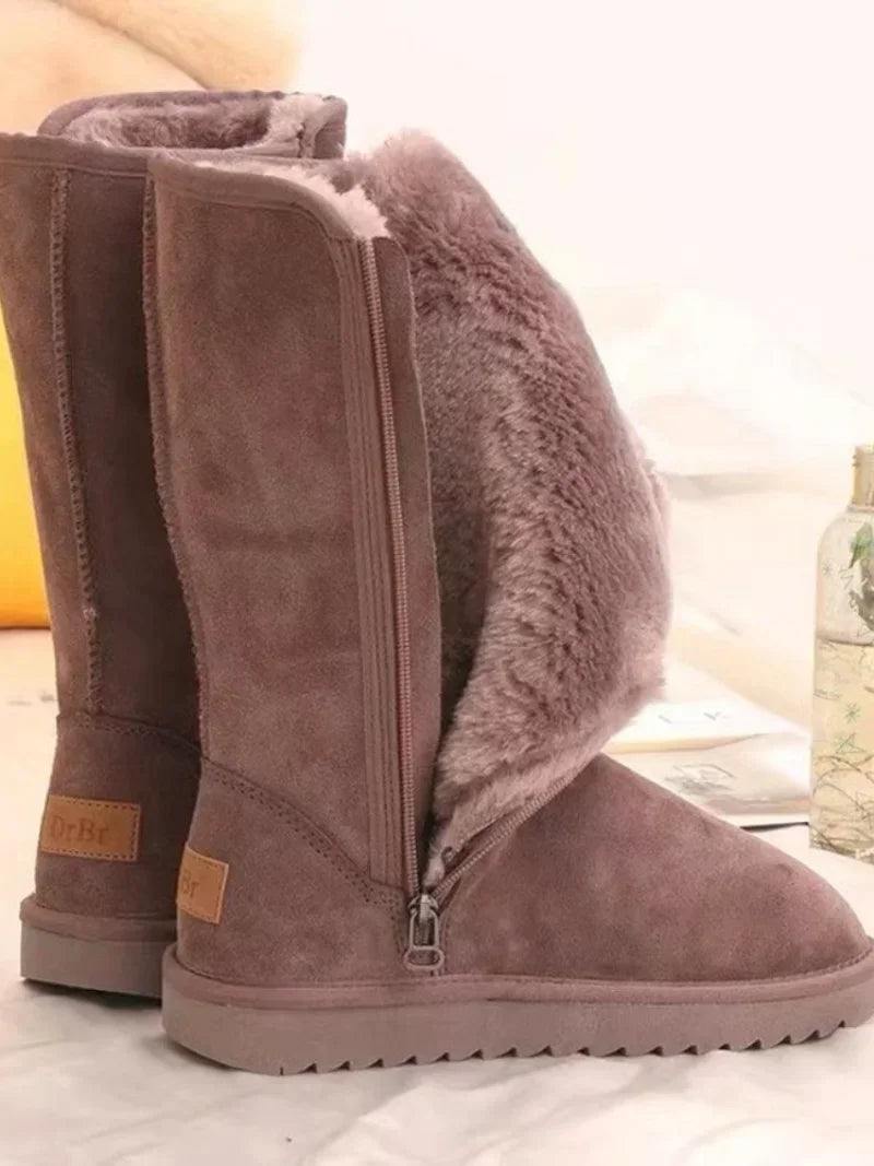 Bottes de neige en cuir véritable pour femmes et filles, imperméables, chaudes, fourrure australienne, plus velours, hauteur genou, hiver, dames classiques, 2024