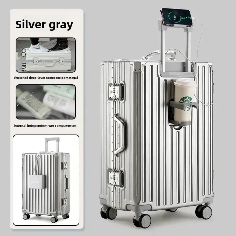 2025 nouvelle valise multifonction avec chargement USB cadre en aluminium + valise PC cabine de voyage porte-monnaie mâle et femelle 28/30 pouces 캐
