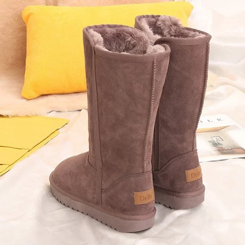 Bottes de neige en cuir véritable pour femmes et filles, imperméables, chaudes, fourrure australienne, plus velours, hauteur genou, hiver, dames classiques, 2024