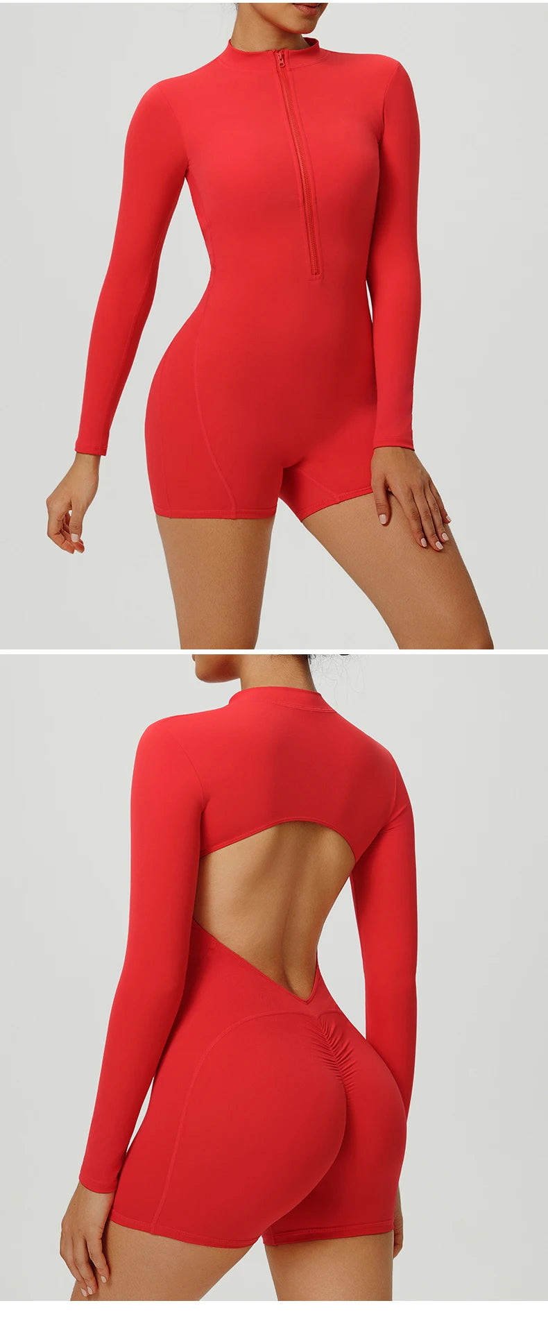 Combinaison de Yoga une pièce dos nu, fermeture éclair, manches longues, combinaison de sport, froissée, Push Up, entraînement de gymnastique, body de loisirs en plein air pour femmes