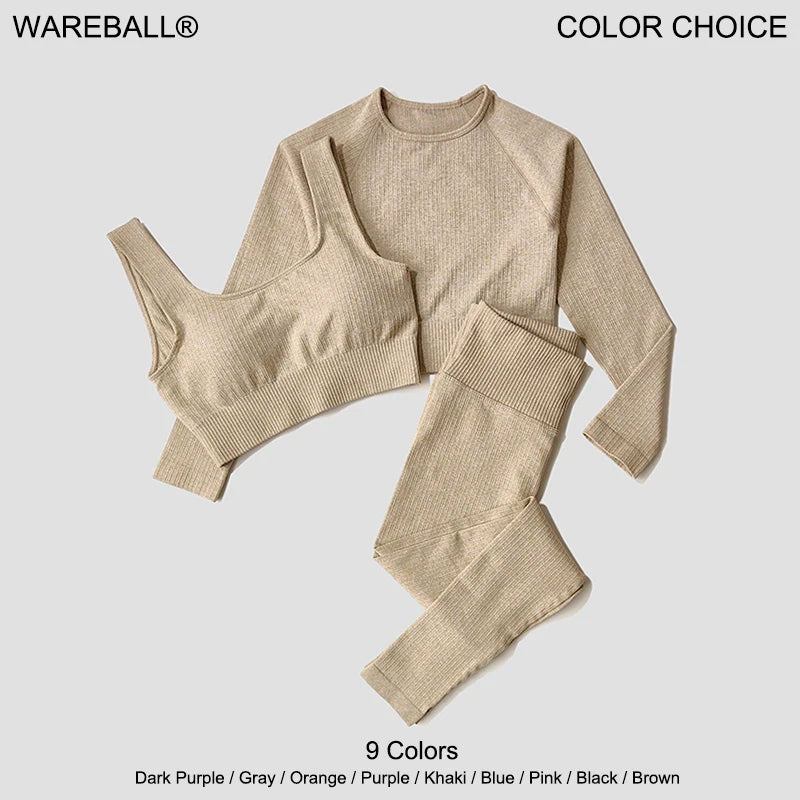 WAREBALL Ensemble de Vêtements de Yoga, Legging, Brassière et Haut à Manches longues, Sans Couture, Top Court, pour le Sport, le Fitness et Gym, pour Femme