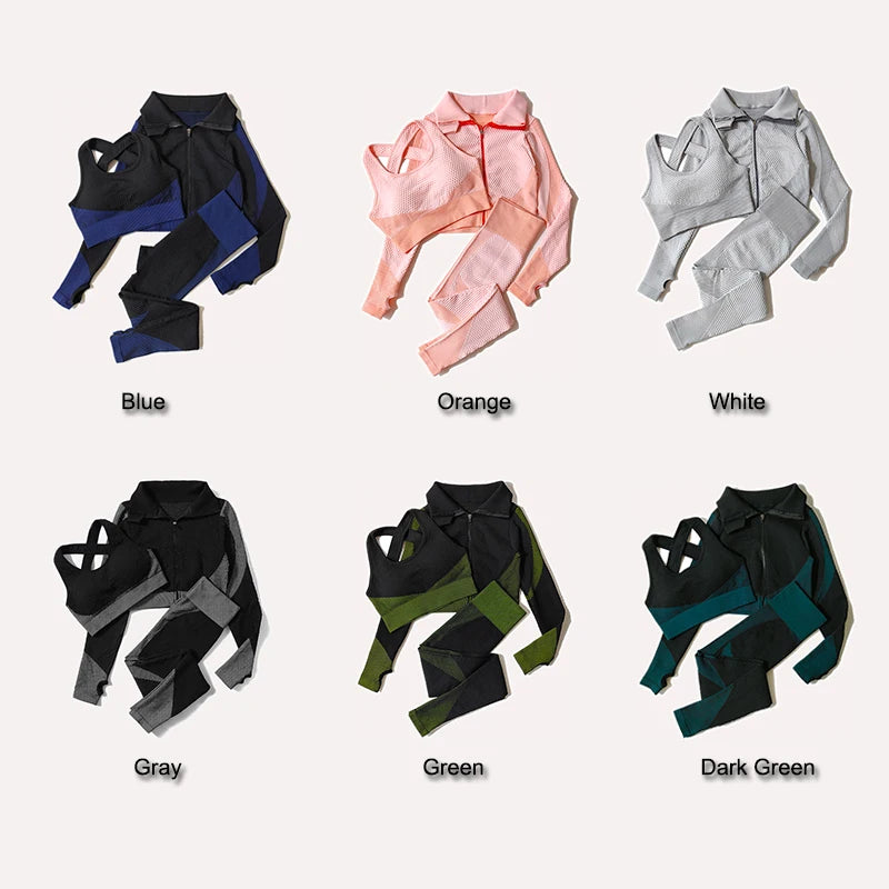Leggings de yoga imbibés sans couture pour femmes, pantalons de yoga, vêtements avec fermeture éclair, haut court à manches longues, vêtements de fitness, ensemble de gymnastique sportive, 2 pièces, 3 pièces