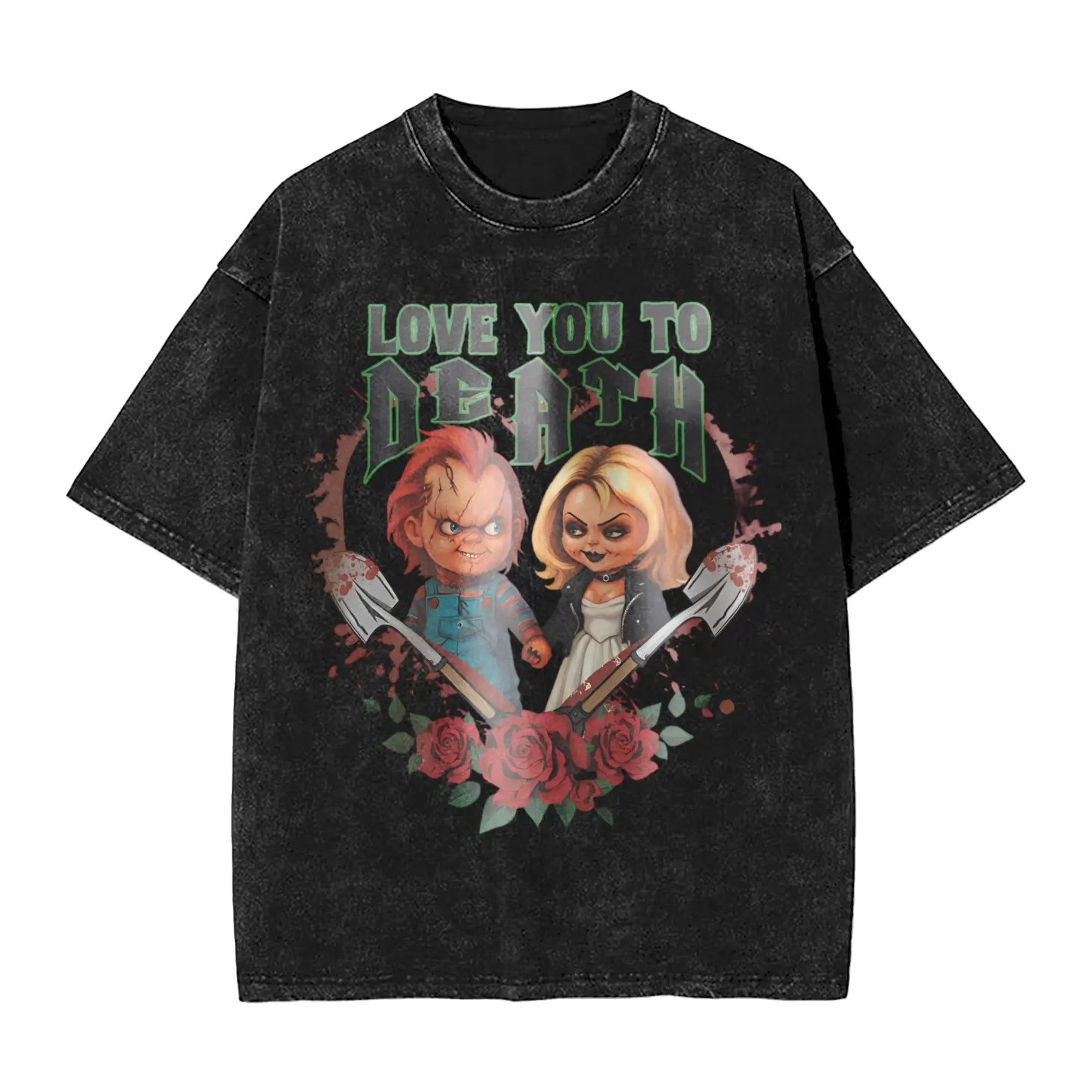 Childs Play Chucky et Tiffany objectifs de relation t-shirts pour hommes t-shirts délavés à manches courtes col rond T-Shirt 100% couverture en coton