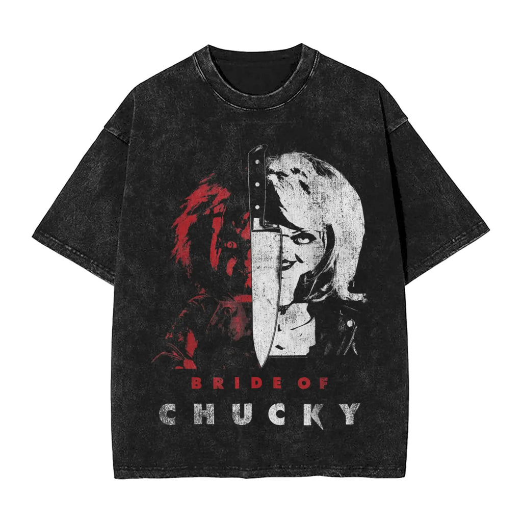 Childs Play Chucky et Tiffany objectifs de relation t-shirts pour hommes t-shirts délavés à manches courtes col rond T-Shirt 100% couverture en coton
