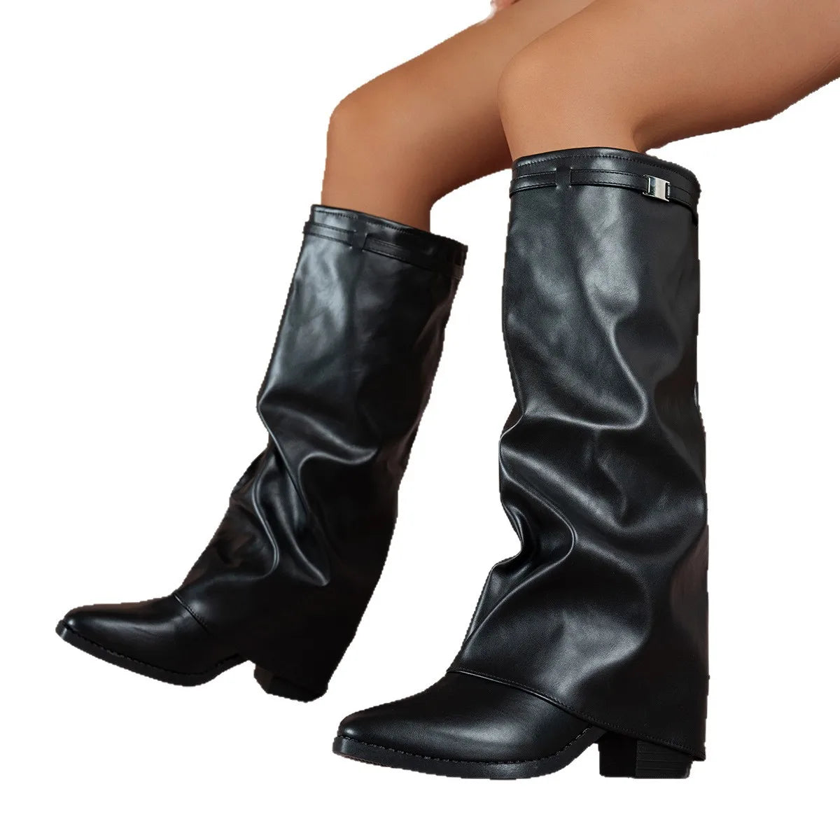 Bottes à manchette grande taille pour femmes, bottes épaisses à talons hauts, nouveau Style, bottes à Tube haut à la mode, automne hiver