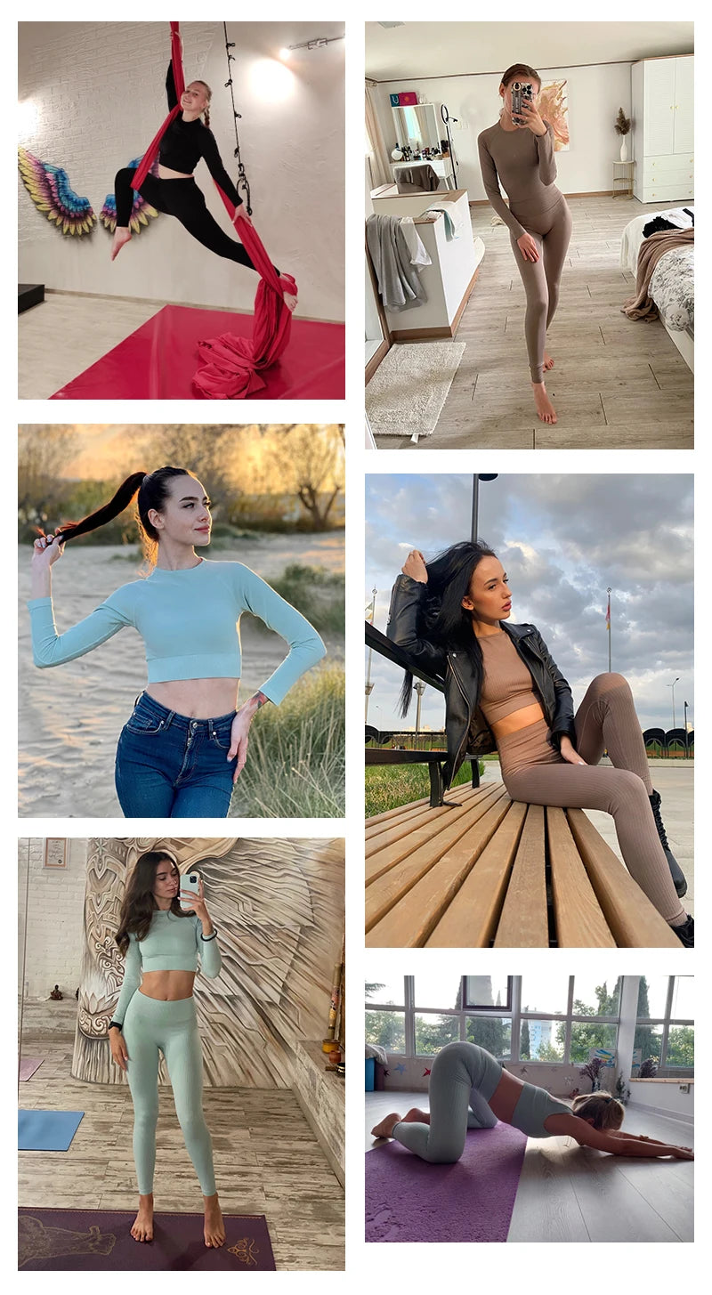WAREBALL Ensemble de Vêtements de Yoga, Legging, Brassière et Haut à Manches longues, Sans Couture, Top Court, pour le Sport, le Fitness et Gym, pour Femme