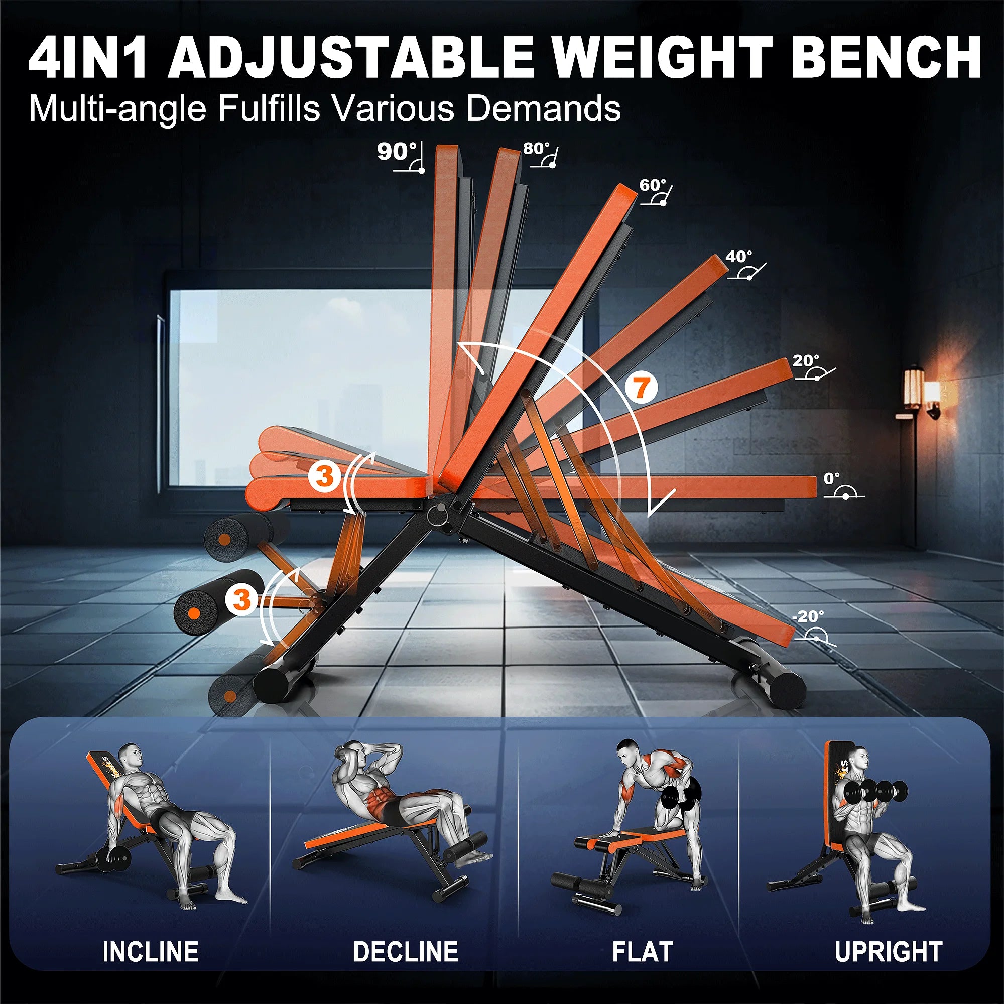 Banc de musculation pliable et réglable, banc d'entraînement multifonctionnel pour la maison avec une capacité de charge de 400 kg, banc incliné 4 en 1 (A200)