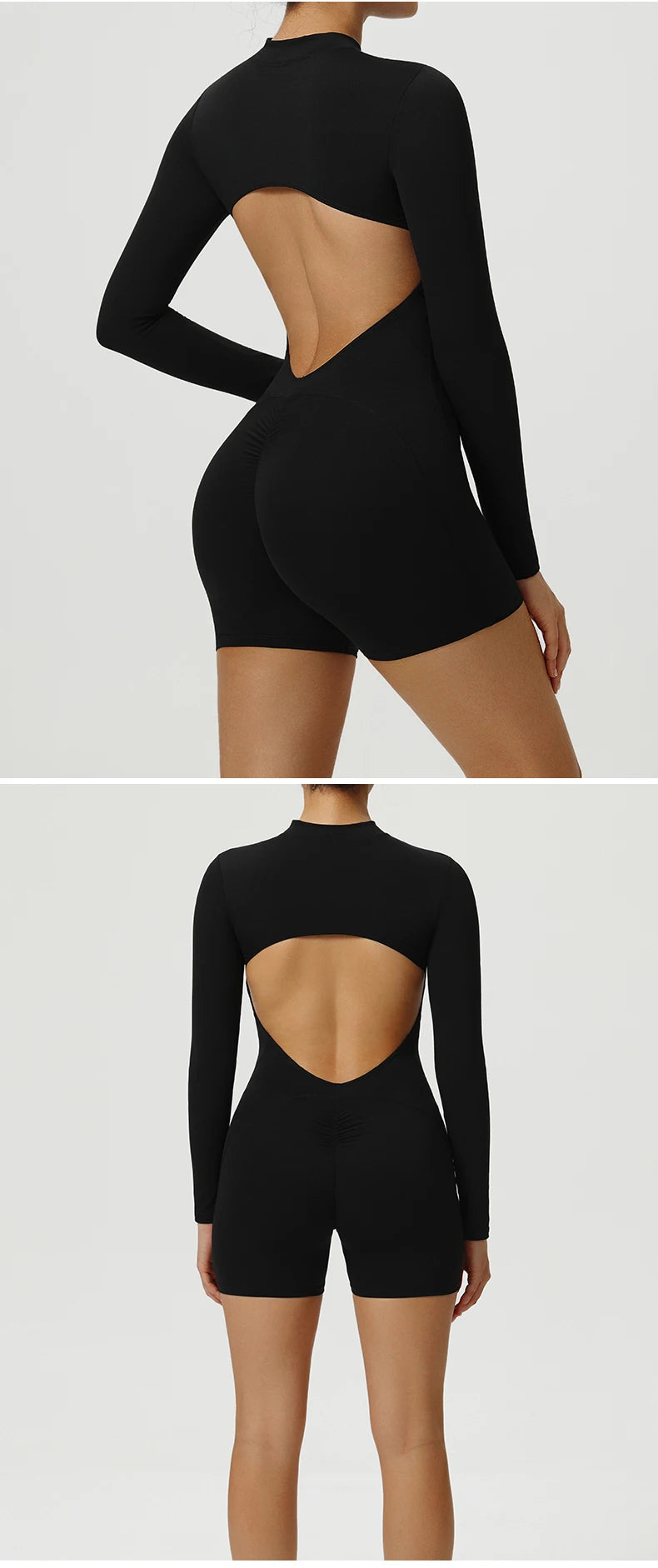 Combinaison de Yoga une pièce dos nu, fermeture éclair, manches longues, combinaison de sport, froissée, Push Up, entraînement de gymnastique, body de loisirs en plein air pour femmes