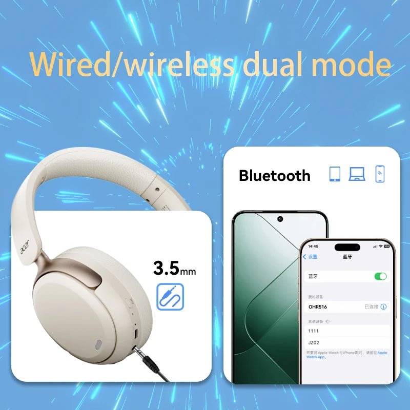 Acer OHR516 ANC casque sans fil 48dB suppression du bruit hi-res Audio spatial écouteur avec LDAC Bluetooth 5.4 sur l'oreille casque