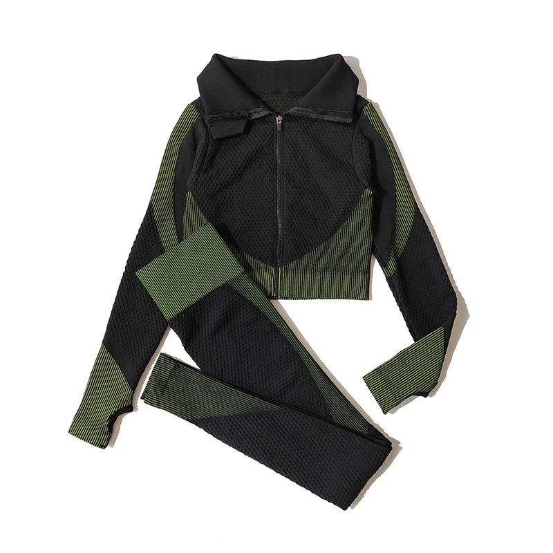 Leggings de yoga imbibés sans couture pour femmes, pantalons de yoga, vêtements avec fermeture éclair, haut court à manches longues, vêtements de fitness, ensemble de gymnastique sportive, 2 pièces, 3 pièces