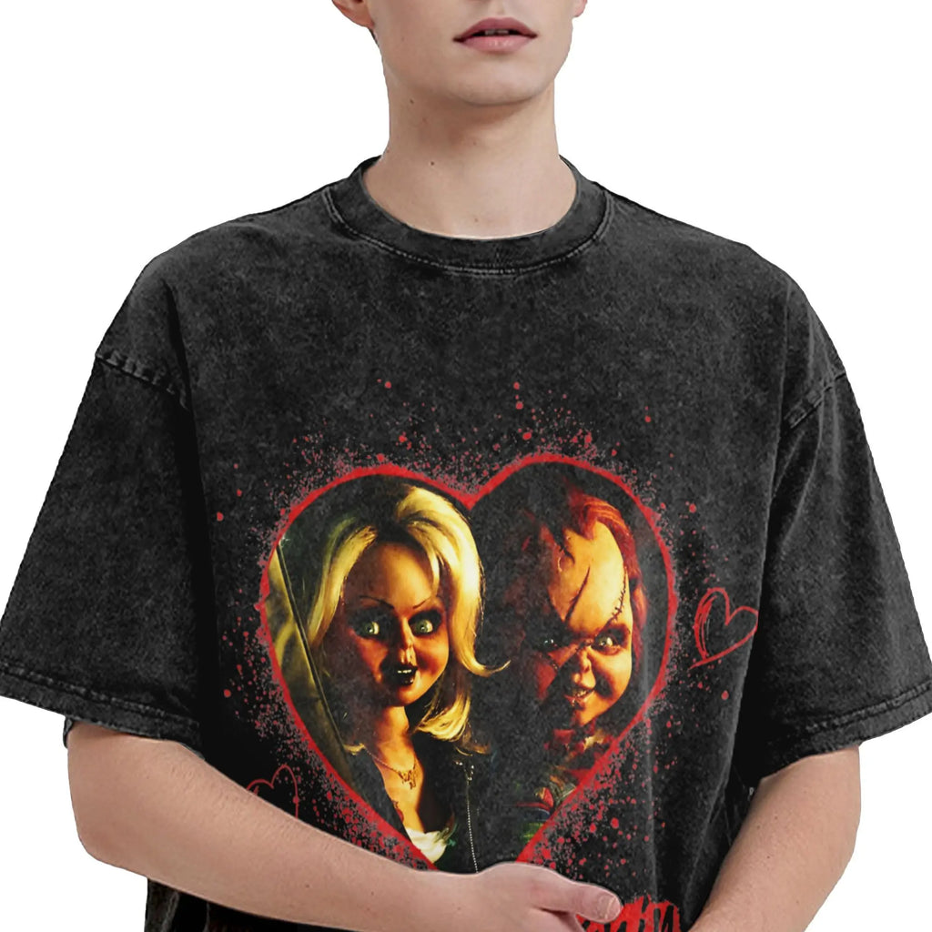 Childs Play Chucky et Tiffany objectifs de relation t-shirts pour hommes t-shirts délavés à manches courtes col rond T-Shirt 100% couverture en coton