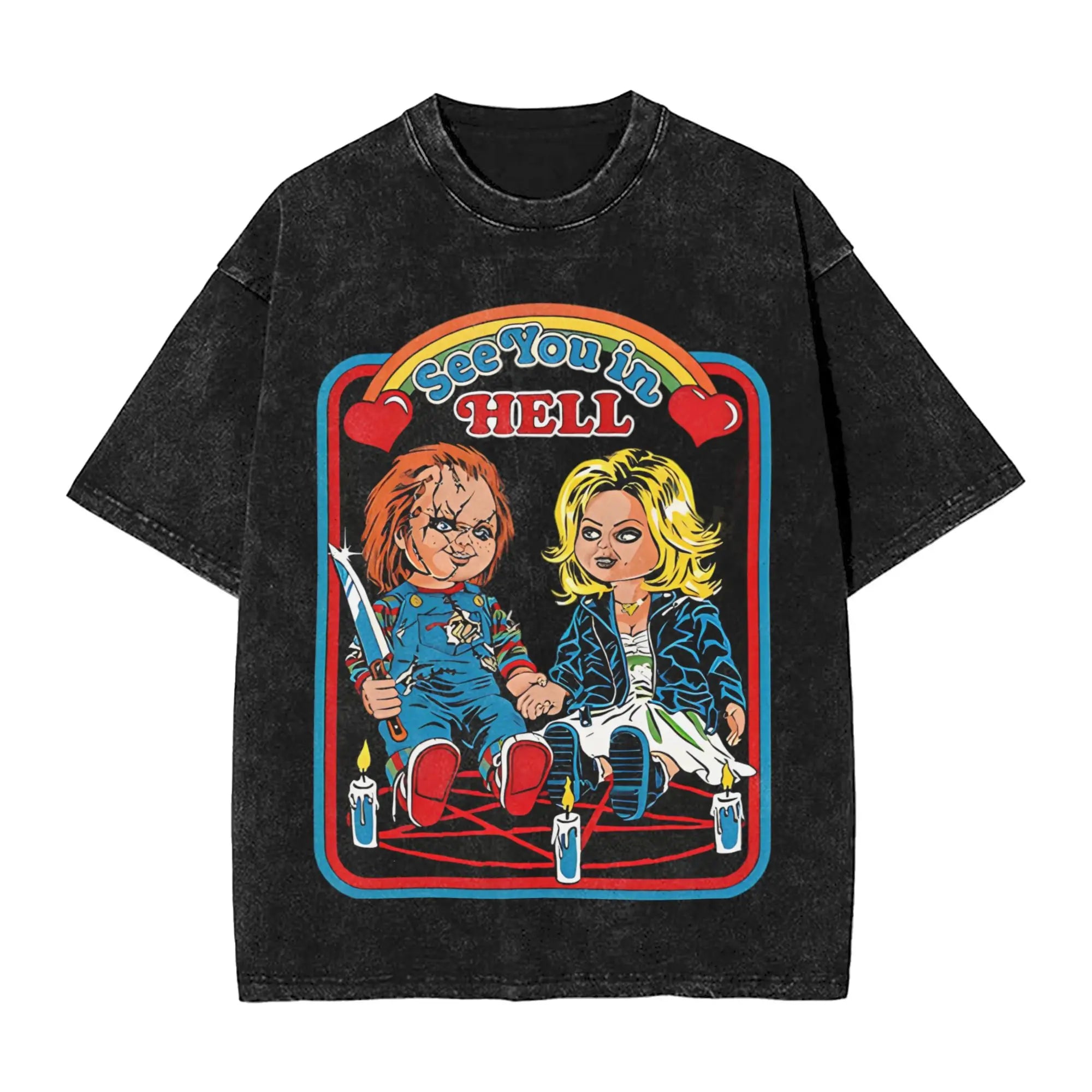 Childs Play Chucky et Tiffany objectifs de relation t-shirts pour hommes t-shirts délavés à manches courtes col rond T-Shirt 100% couverture en coton