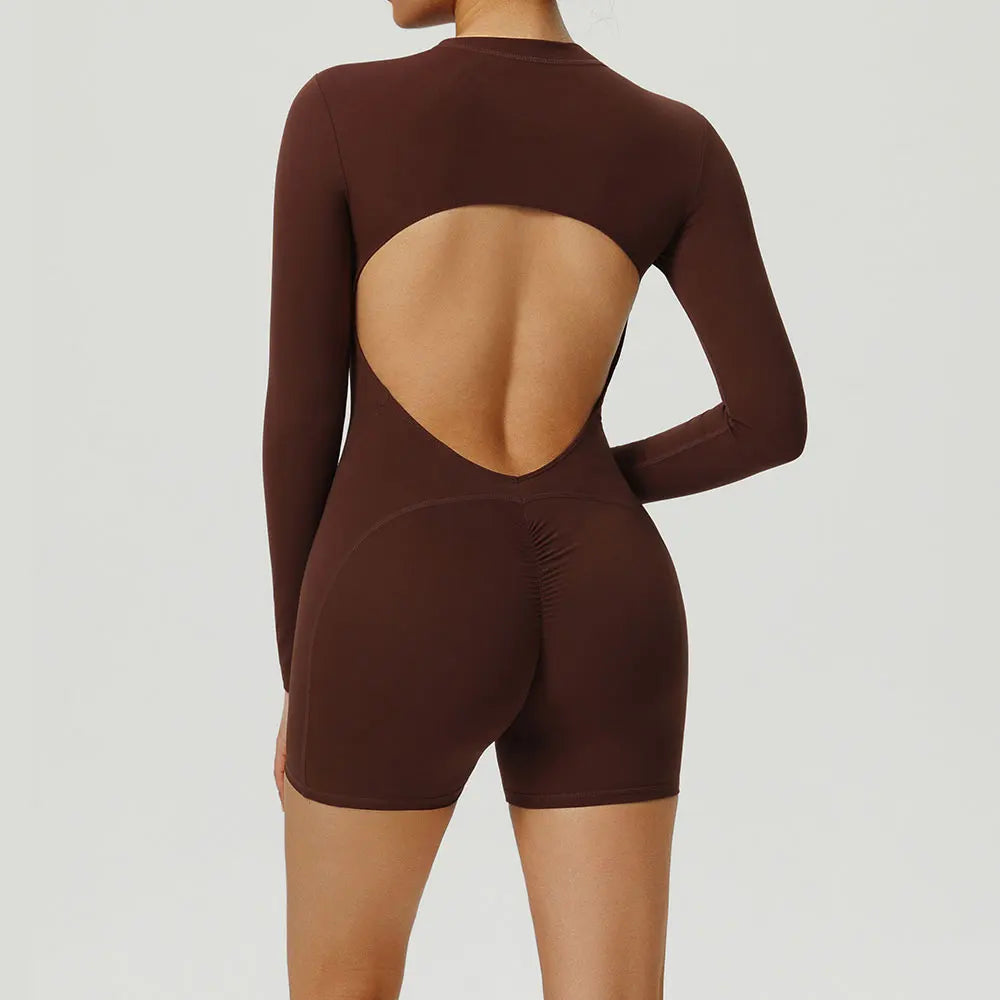 Combinaison de Yoga une pièce dos nu, fermeture éclair, manches longues, combinaison de sport, froissée, Push Up, entraînement de gymnastique, body de loisirs en plein air pour femmes