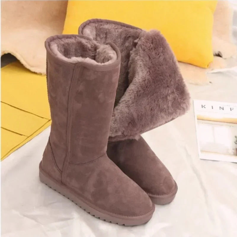 Bottes de neige classiques pour femmes et filles, imperméables, chaudes, en cuir véritable, fourrure australienne, velours, hauteur des genoux, hiver 2024