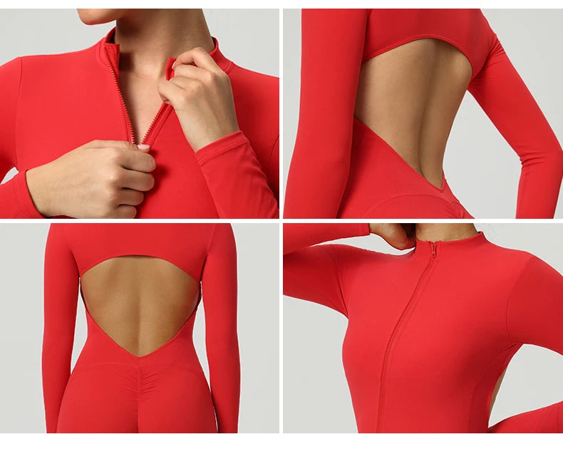 Combinaison de Yoga une pièce dos nu, fermeture éclair, manches longues, combinaison de sport, froissée, Push Up, entraînement de gymnastique, body de loisirs en plein air pour femmes
