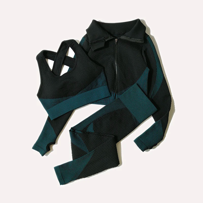 Leggings de yoga imbibés sans couture pour femmes, pantalons de yoga, vêtements avec fermeture éclair, haut court à manches longues, vêtements de fitness, ensemble de gymnastique sportive, 2 pièces, 3 pièces