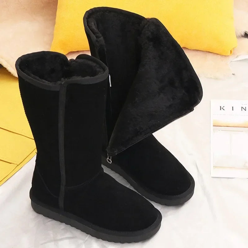 Bottes de neige en cuir véritable pour femmes et filles, imperméables, chaudes, fourrure australienne, plus velours, hauteur genou, hiver, dames classiques, 2024
