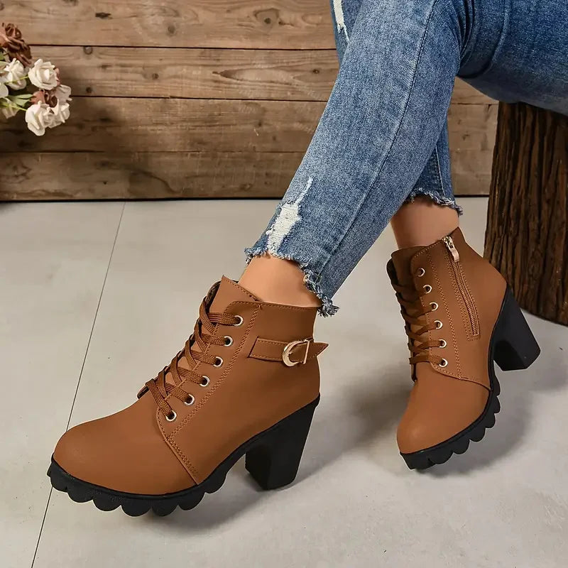 Bottes à lacets pour femmes, chaussures à talons hauts, bottes anti-aldes, mode extérieure, automne, hiver, haute qualité