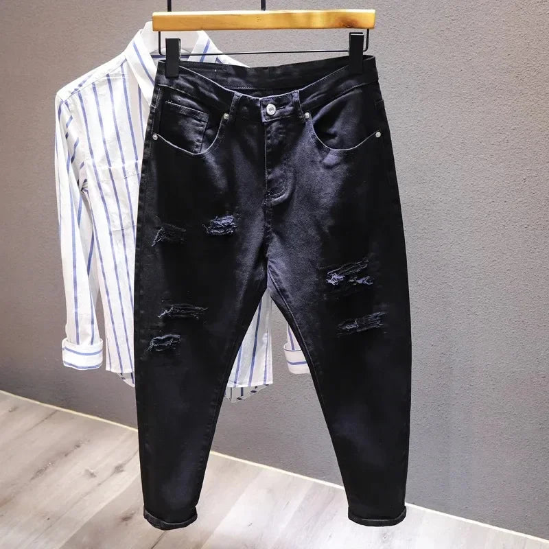 Jeans troués déchirés pour hommes, pantalons masculins blancs, streetwear confortable, denim, mode harem, tout match, commande, fjwear, nouveau
