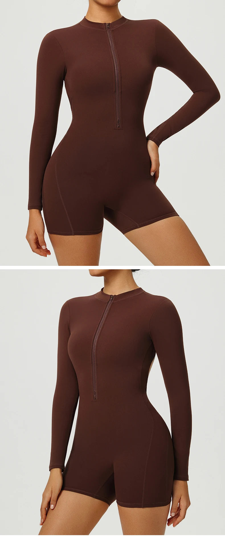 Combinaison de Yoga une pièce dos nu, fermeture éclair, manches longues, combinaison de sport, froissée, Push Up, entraînement de gymnastique, body de loisirs en plein air pour femmes