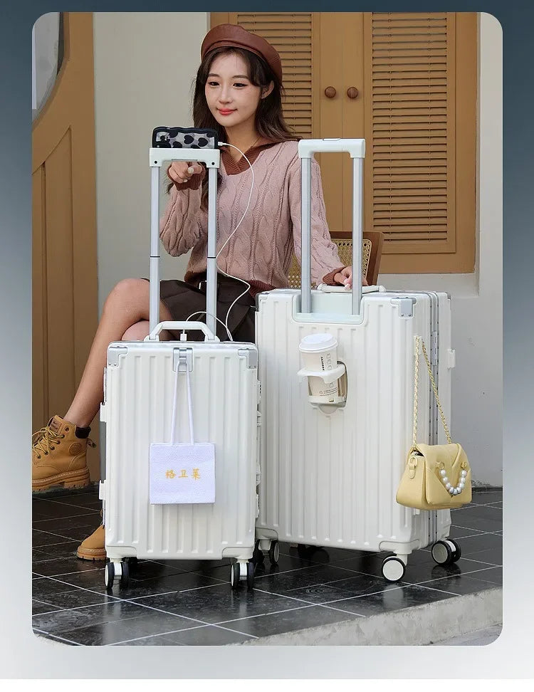 2025 nouvelle valise multifonction avec chargement USB cadre en aluminium + valise PC cabine de voyage porte-monnaie mâle et femelle 28/30 pouces 캐