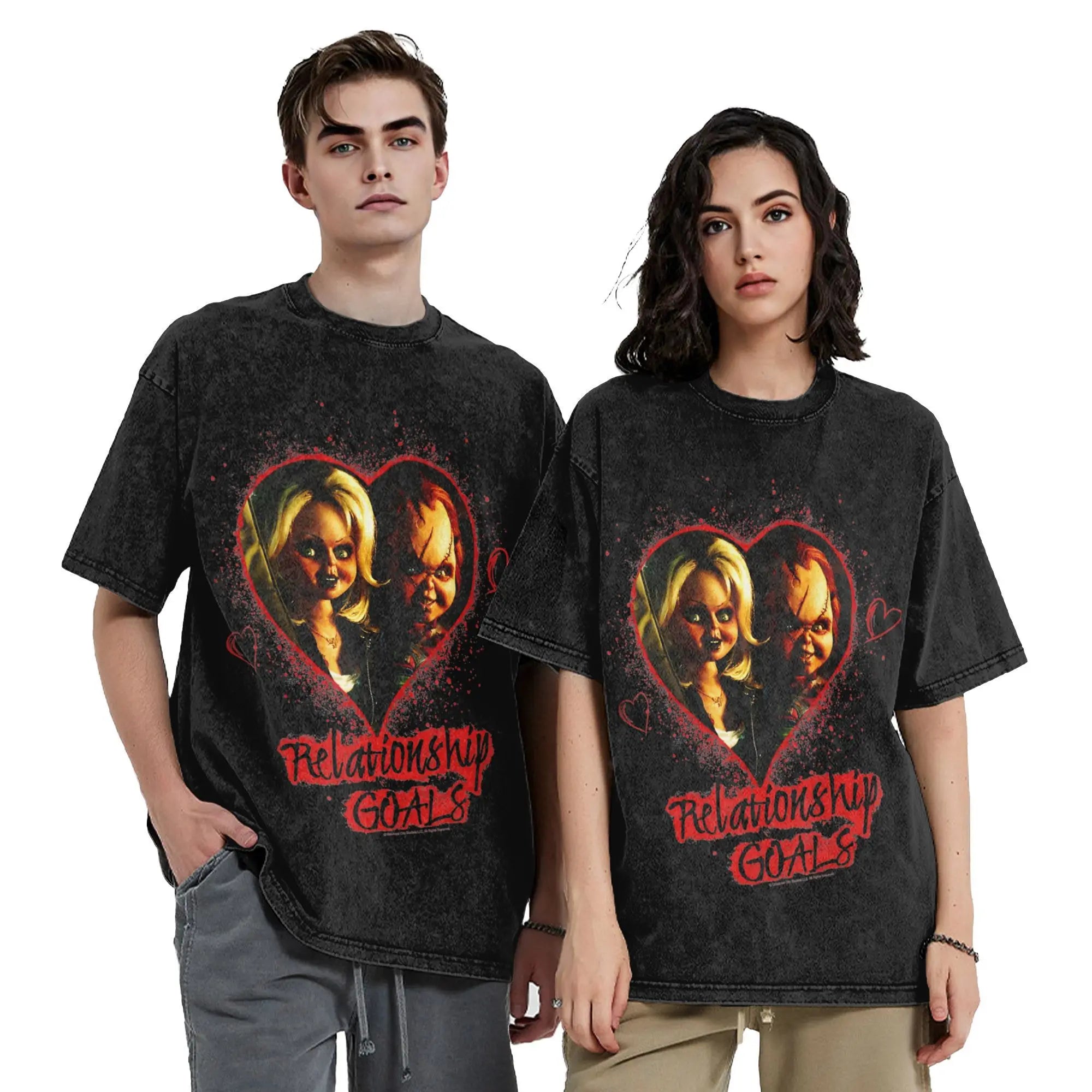 Childs Play Chucky et Tiffany objectifs de relation t-shirts pour hommes t-shirts délavés à manches courtes col rond T-Shirt 100% couverture en coton