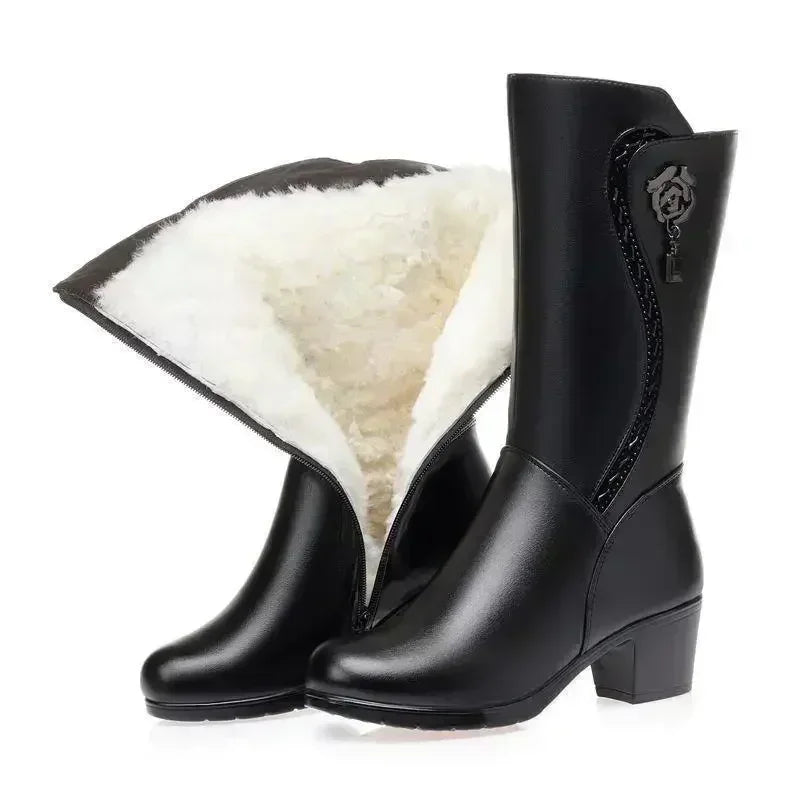 2025 hiver cuir femmes bottes d'hiver laine épaisse chaud femmes à talons hauts véritable botte de haute qualité femme bottes de neige femmes chaussures